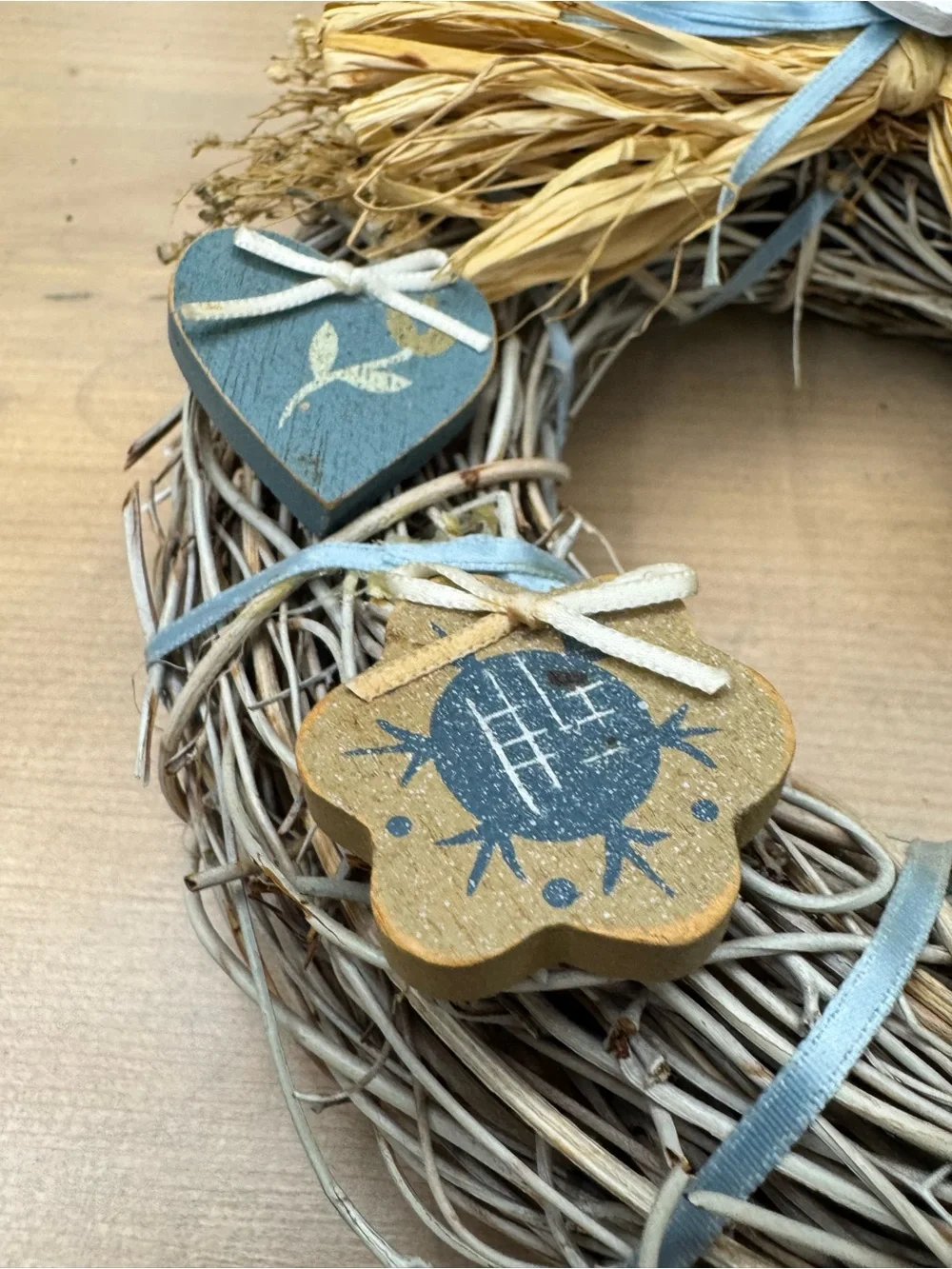 Vintage Decorative Blue and Natural Heart Wreath - Home Holiday